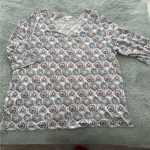 J. Jill Geometric V-Neck Blouse - Blue, Brown, Cream